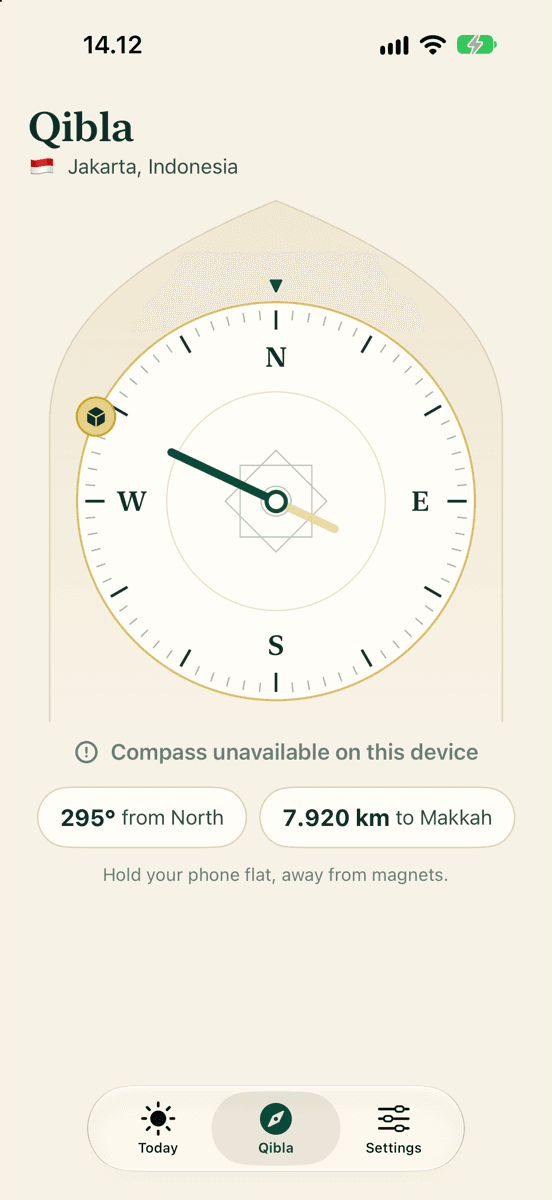 Noor's Qibla screen: a compass dial with the bearing and distance to Makkah.